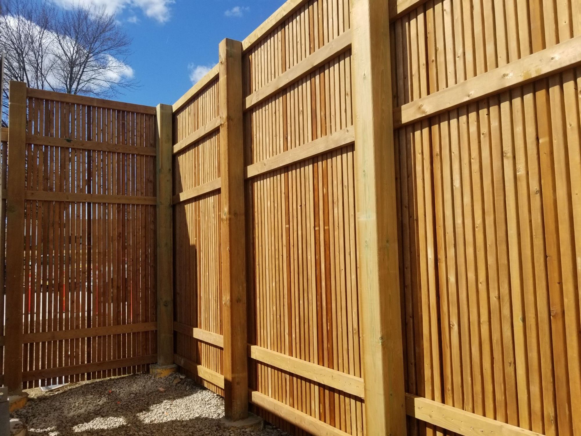 Custom built wood fence for the Leamington Hospital, this 2 x 2 clad fence 10 foot tall protected the air handlers from any vandals. The result was stunning.